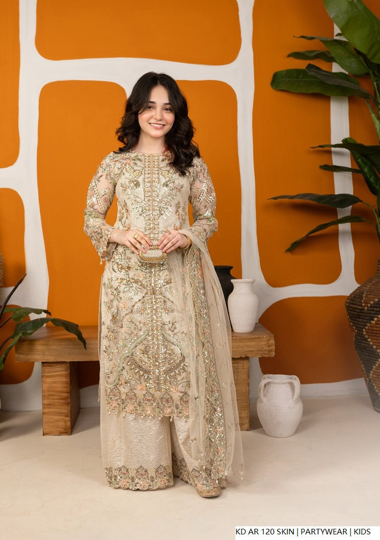 Kids girls organza frock off white - Pakistani girls party wear with organza dupatta front view