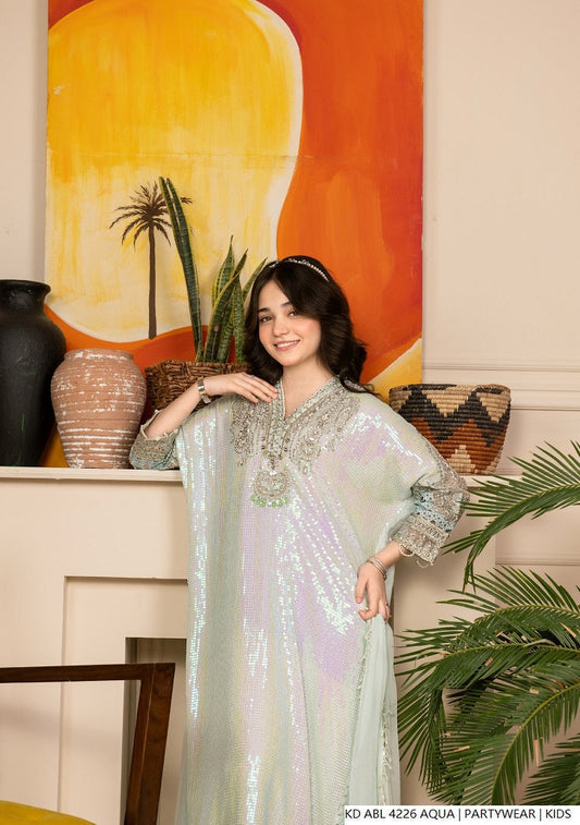 Aqua Pakistani girls chiffon frock side view
