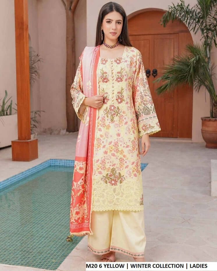Lawn A-Line shirt yellow - Pakistani women's casual summer outfit with cotton trouser and lawn dupatta front view