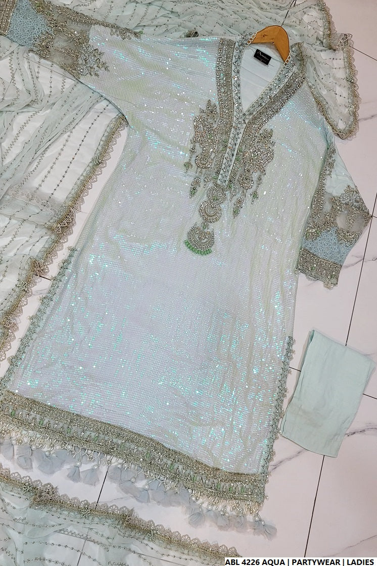 Pakistani women's aqua organza A-Line shirt full view