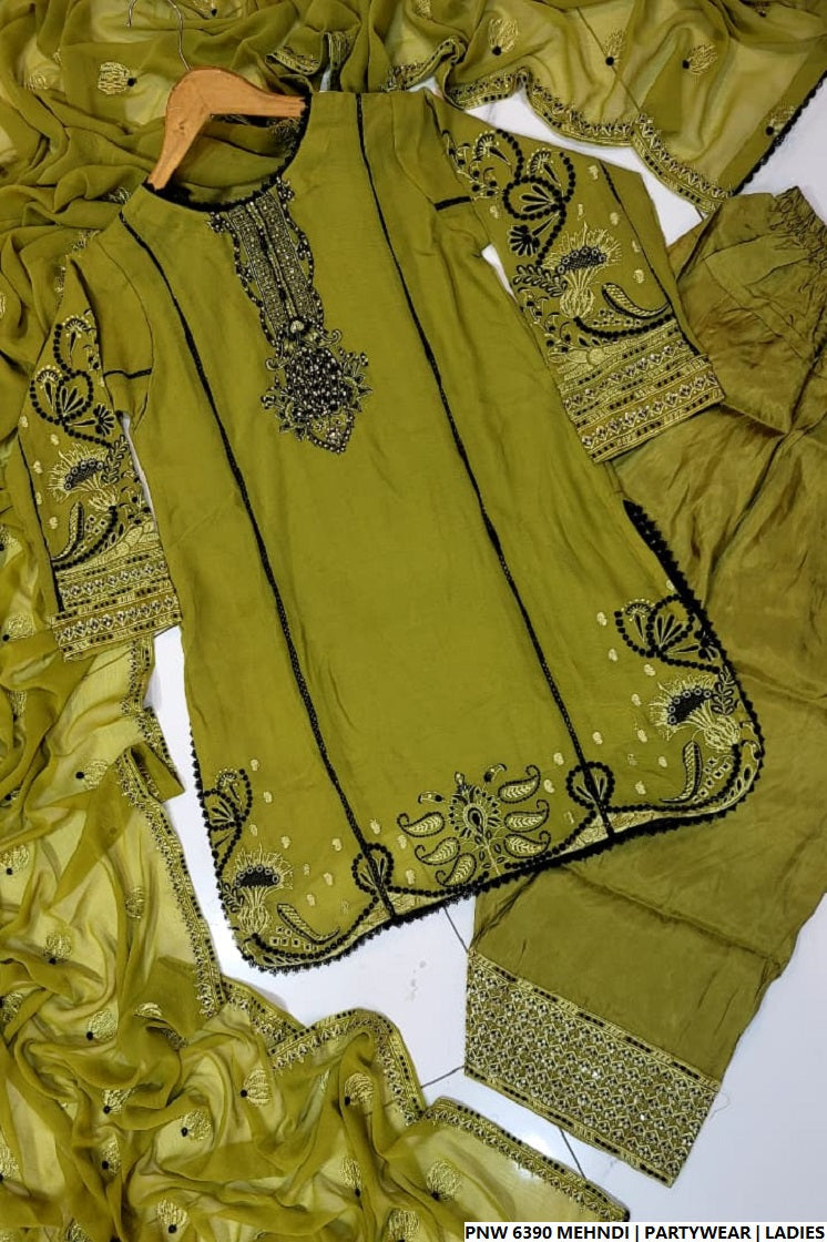 Pakistani women's mehndi green chiffon short shirt farshi shalwar back view