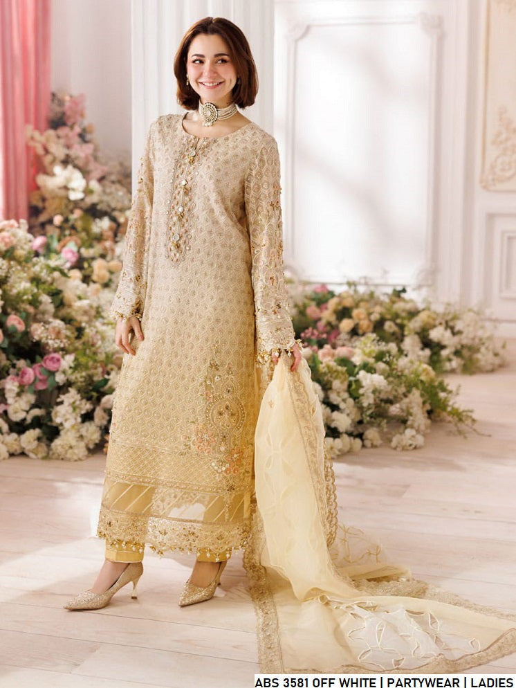 Chiffon straight shirt off white - Pakistani women's party wear with viscose trouser and chiffon dupatta front view