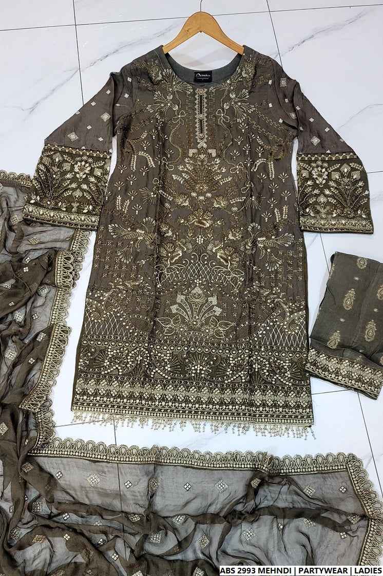 Pakistani women's mehndi green organza straight shirt full view