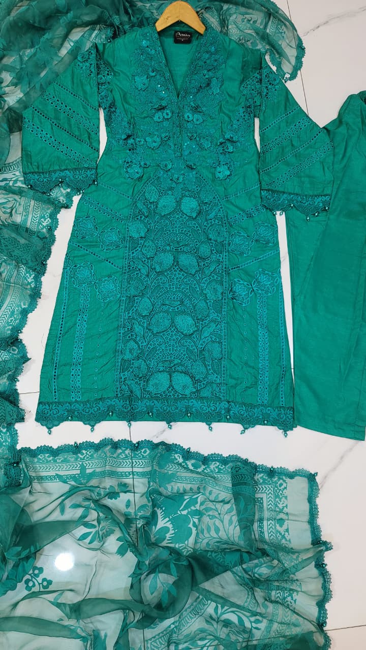 Pakistani women's green organza A-Line shirt full view