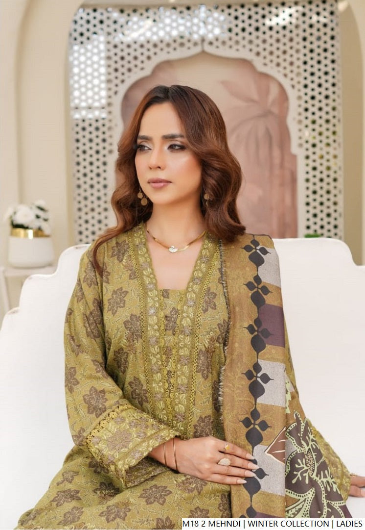 Pakistani women's mehndi green lawn A-Line casual outfit back view