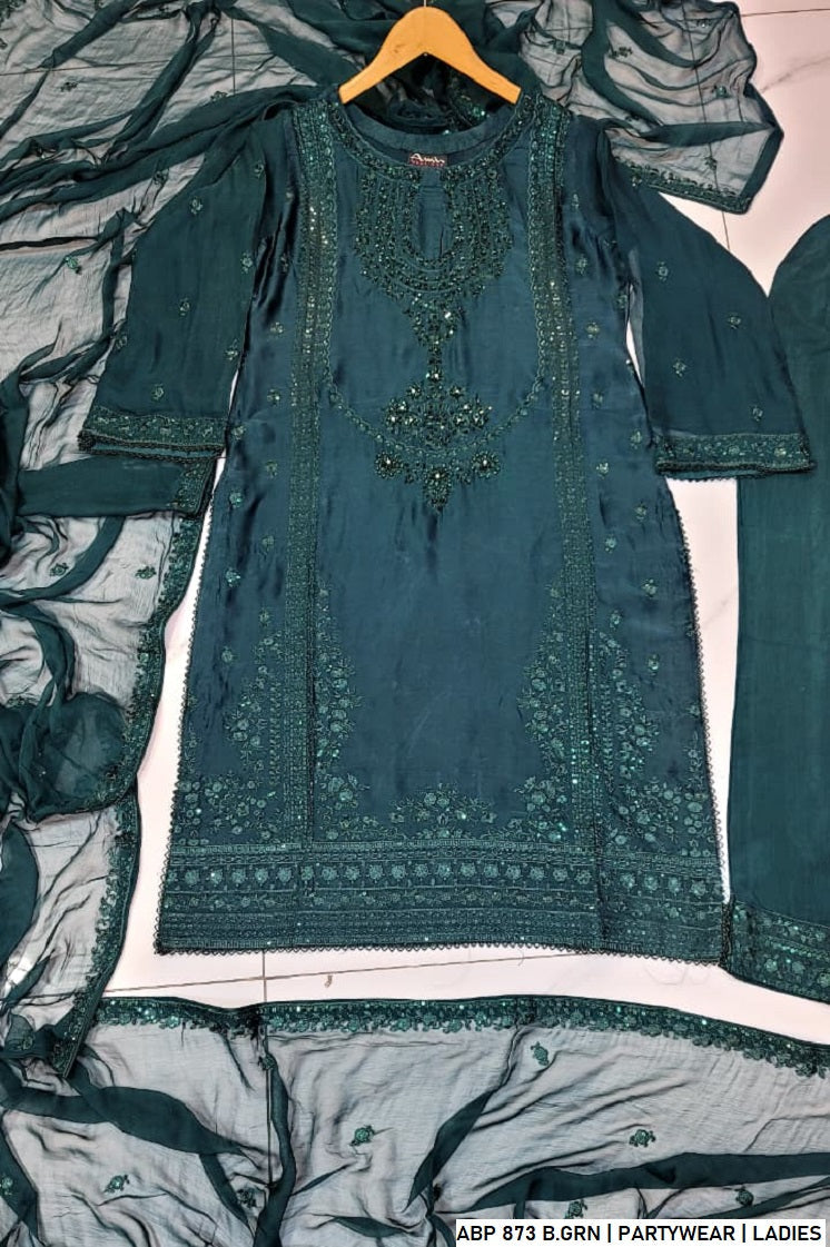Bottle green silk Pakistani women's straight shirt side view
