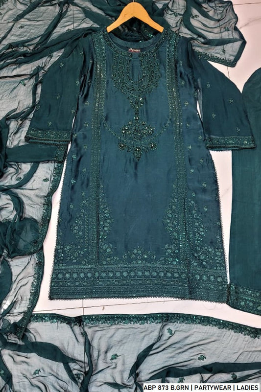 Bottle green silk Pakistani women's straight shirt side view