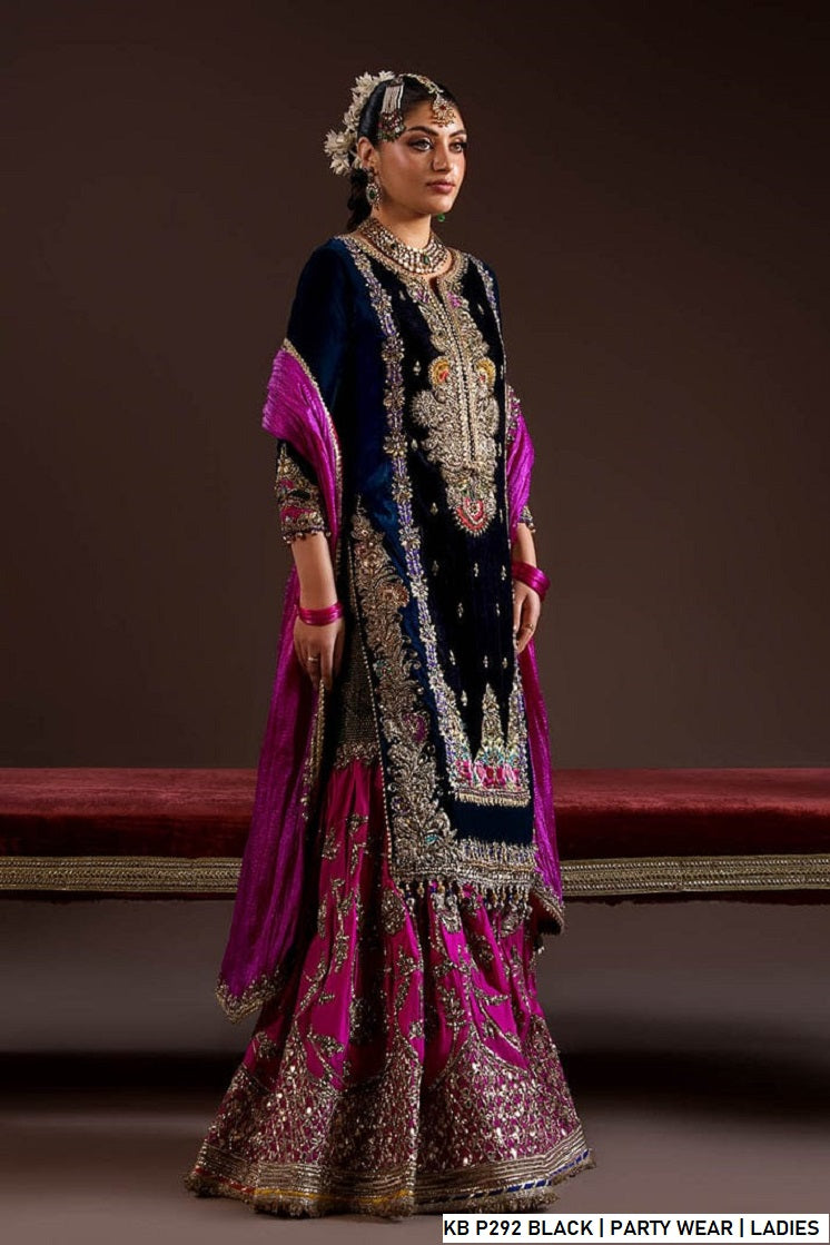 Pakistani women's black velvet embroidered suit detail view