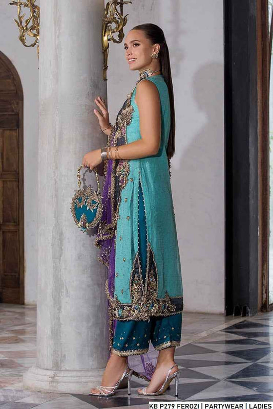 Ferozi hand embroidered Pakistani women's luxury suit side view