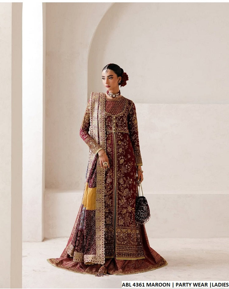 Chiffon straight shirt maroon - Pakistani women's party wear with viscose trouser and chiffon dupatta front view