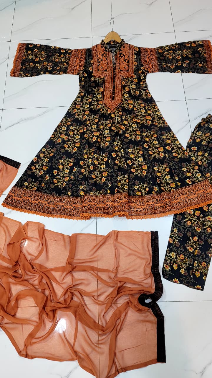 Pakistani women's lawn A-Line printed casual outfit back view