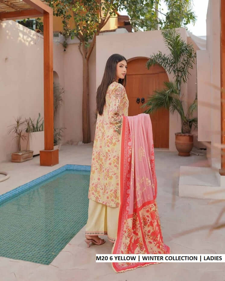 Pakistani women's yellow lawn A-Line casual outfit detail view