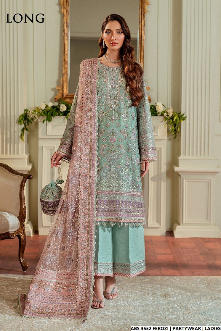 Organza straight shirt ferozi - Pakistani women's elegant formal wear with viscose trouser and organza dupatta front view