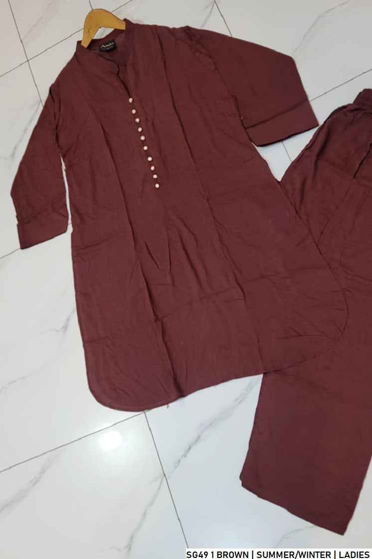 Pakistani women's brown lawn A-Line casual outfit back view