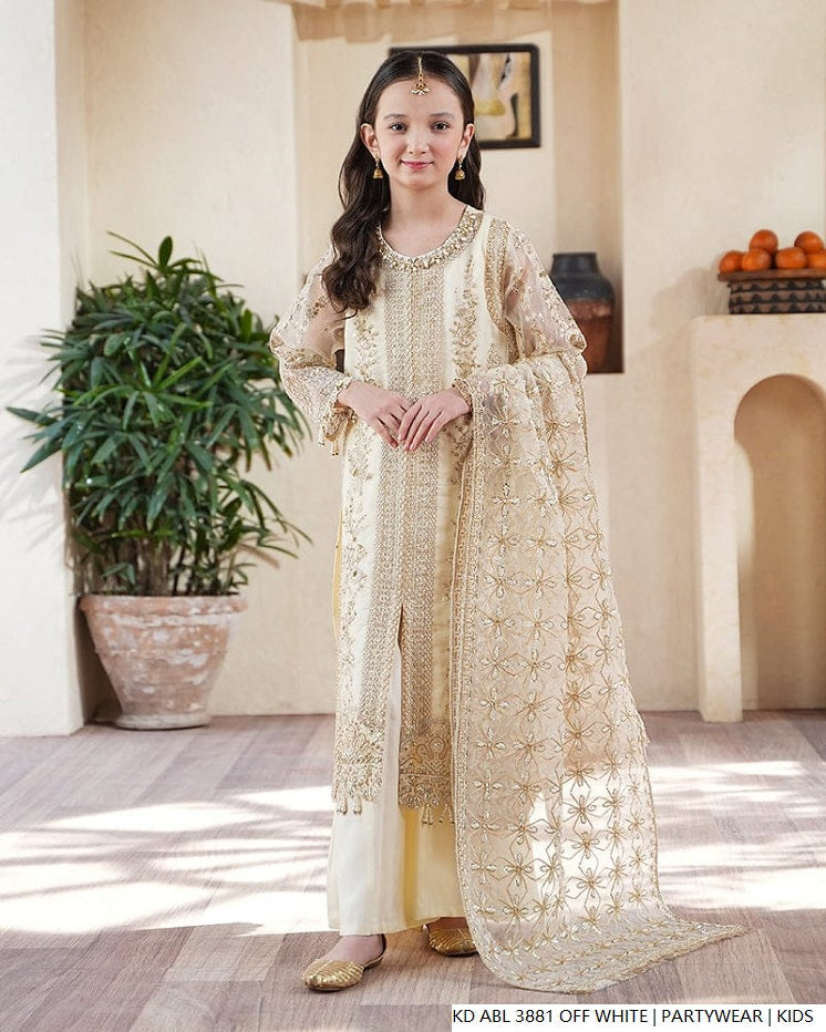 Kids girls chiffon frock off white - Pakistani girls party wear with chiffon dupatta and viscose trouser front view