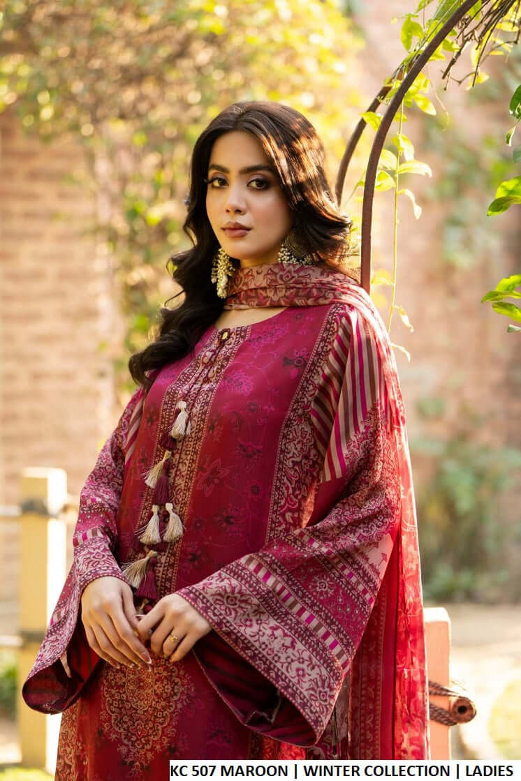 Pakistani women's maroon silk long A-Line shirt plazo back view
