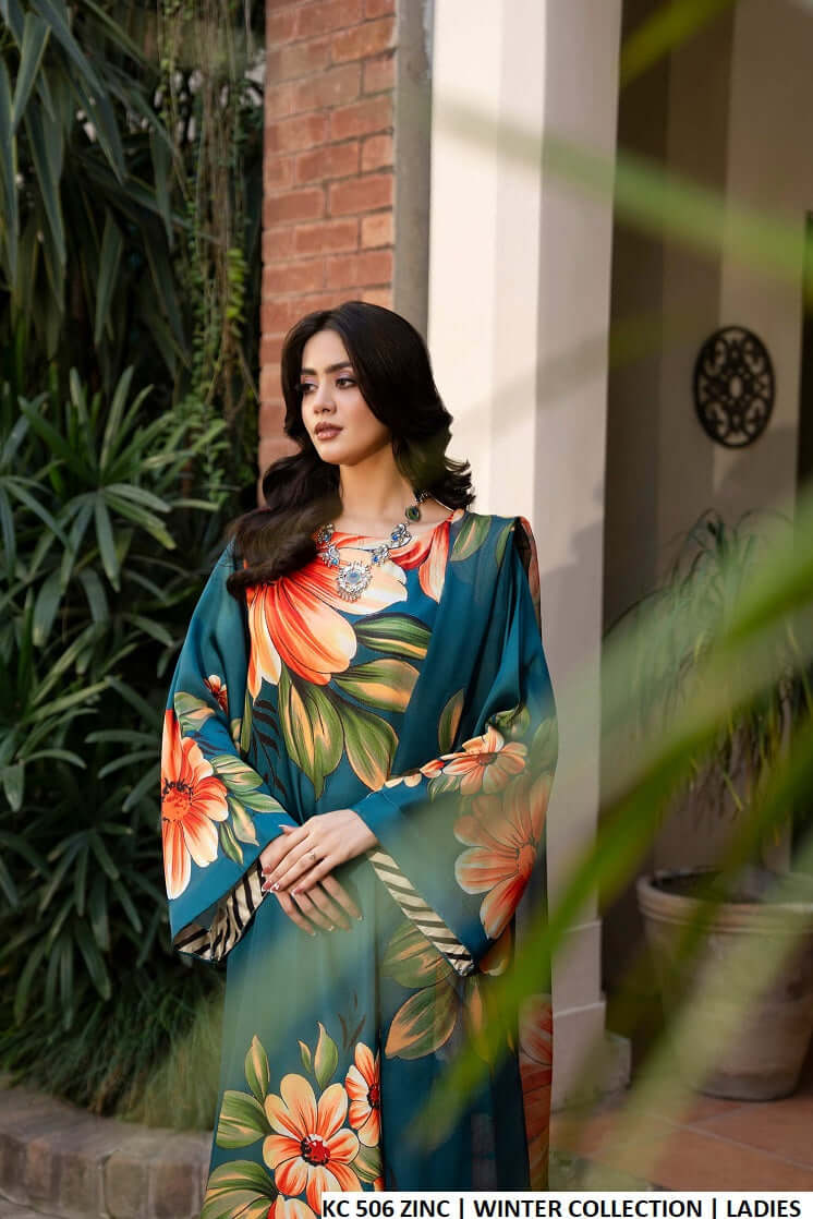 Teal zinc silk Pakistani women's long A-Line shirt with plazo side view