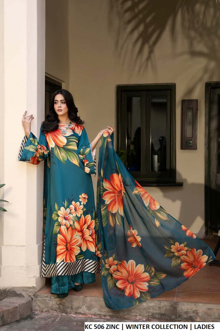 Silk long A-Line shirt plazo teal zinc - Pakistani women's luxury formal wear with matching silk dupatta front view