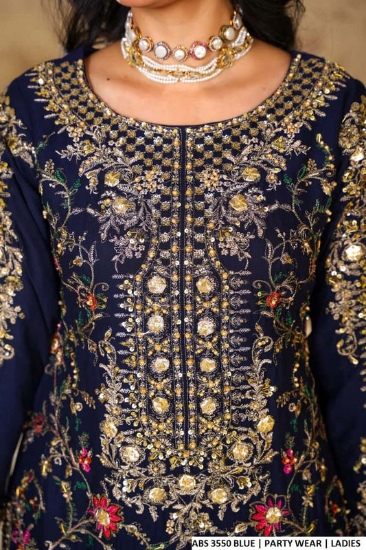 Blue chiffon Pakistani women's straight shirt side view