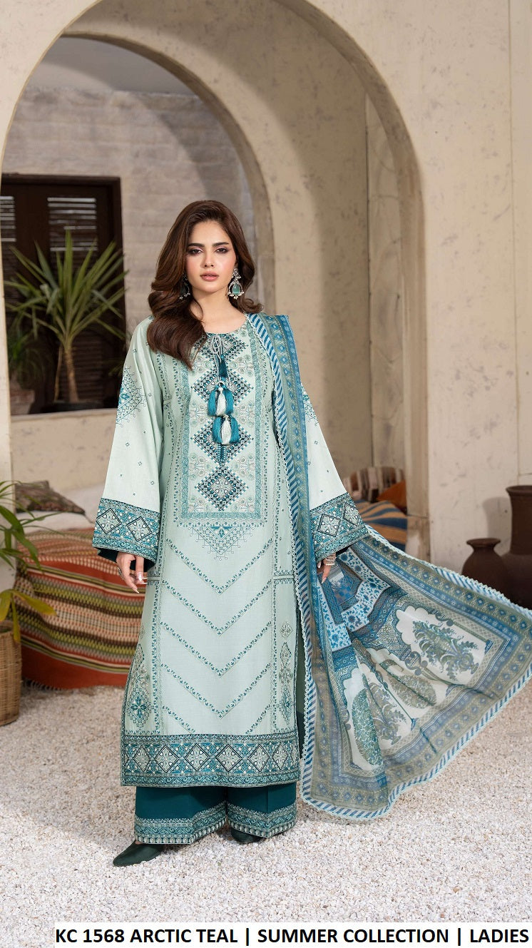 Cotton multi thread embroidery long shirt KC TABEER 1568 ARCTIC TEAL - Pakistani women's casual outfit with chiffon dupatta front view