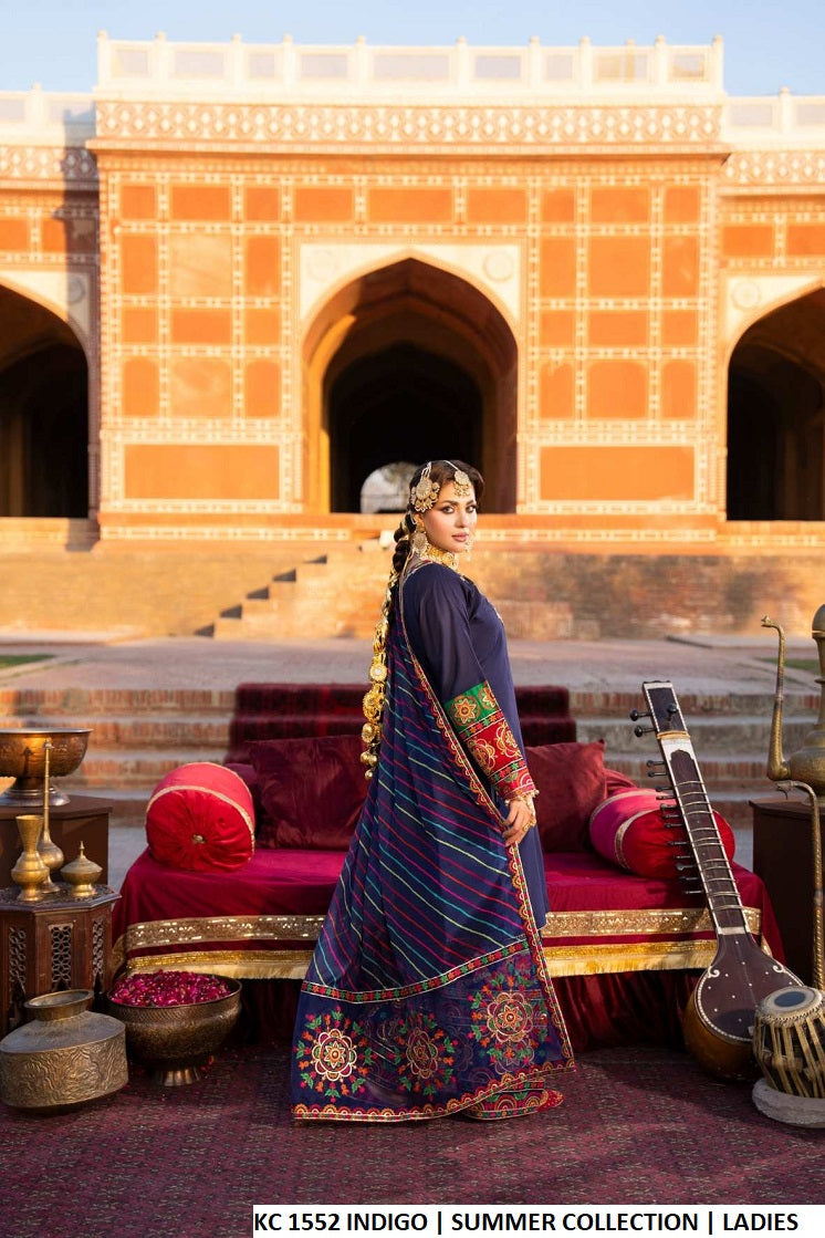 Pakistani women's indigo cotton peplum frock farshi shalwar detail view