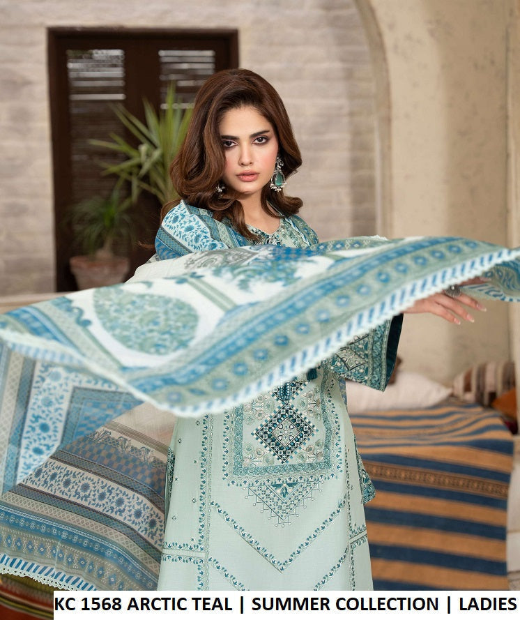 KC TABEER 1568 ARCTIC TEAL cotton embroidery Pakistani women's long shirt side view