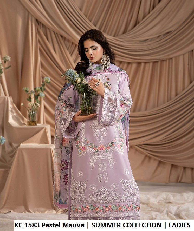 KC Ayra 1583 PASTEL MAUVE - Pastel Mauve Cotton Embroidered 3-Piece Ready to Wear Pakistani Suit
