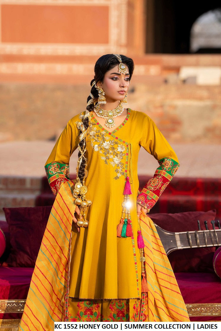Cotton peplum frock farshi shalwar honey gold - Pakistani women's festive casual outfit with digital print dupatta front view