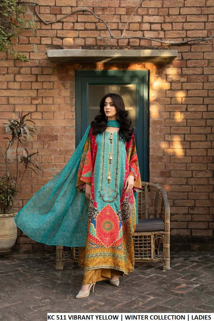 Silk long kaftan plazo vibrant yellow - Pakistani women's luxury formal wear with matching silk dupatta front view