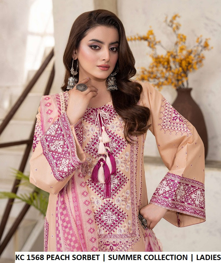 KC TABEER 1568 PEACH SORBET cotton embroidery Pakistani women's long shirt side view