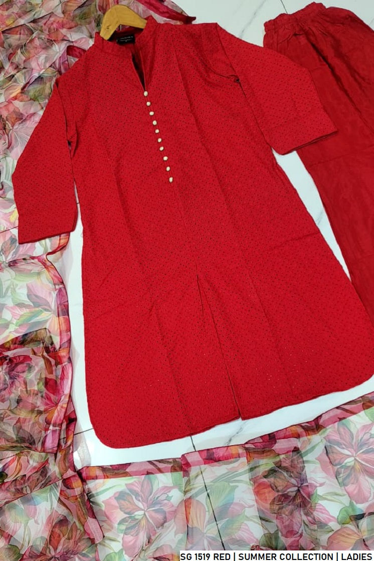 Pakistani women's red lawn A-Line casual shirt full view