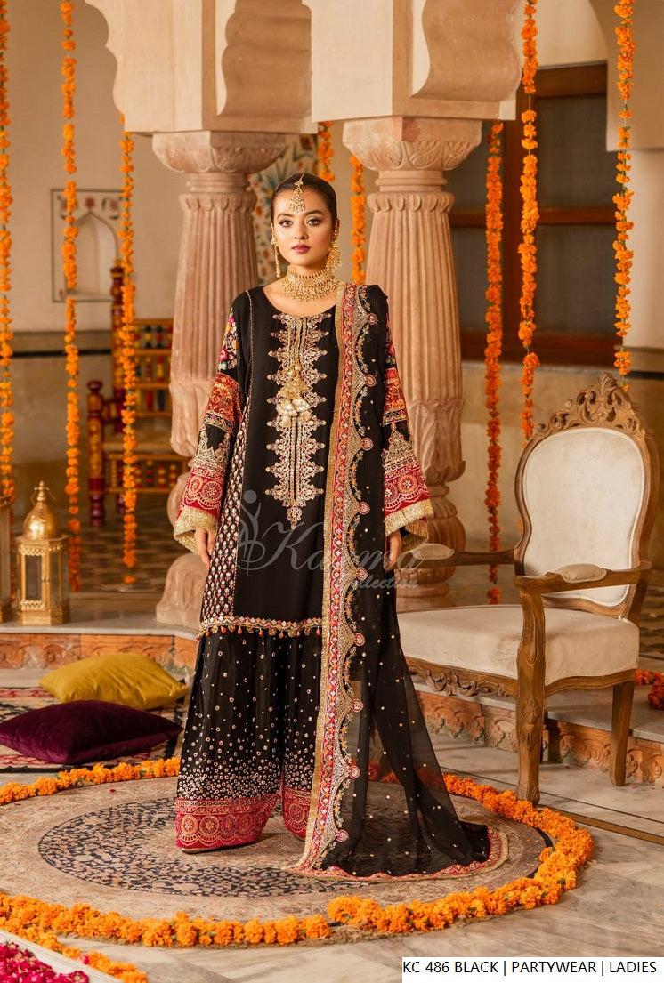 Pakistani women's black silk long kaftan plazo back view