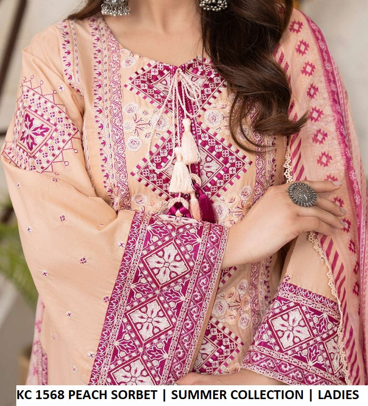 KC TABEER 1568 PEACH SORBET Pakistani women's cotton embroidered long shirt detail view