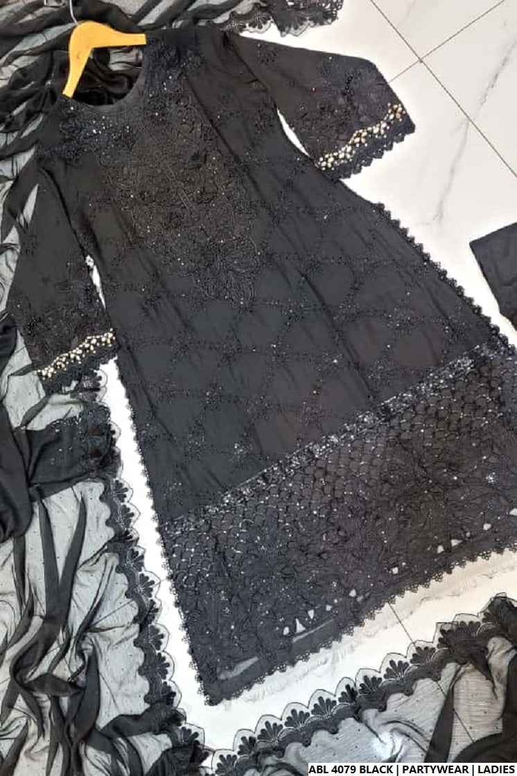 Pakistani women's black chiffon A-Line shirt back view