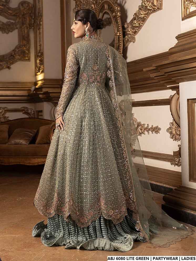 Pakistani women's light green chiffon short frock back view