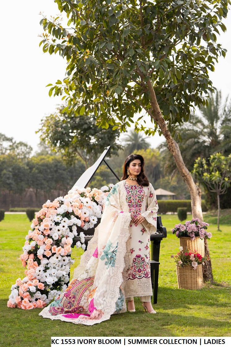 Cotton straight shirt plazo ivory bloom - Pakistani women's casual outfit with digital print dupatta front view