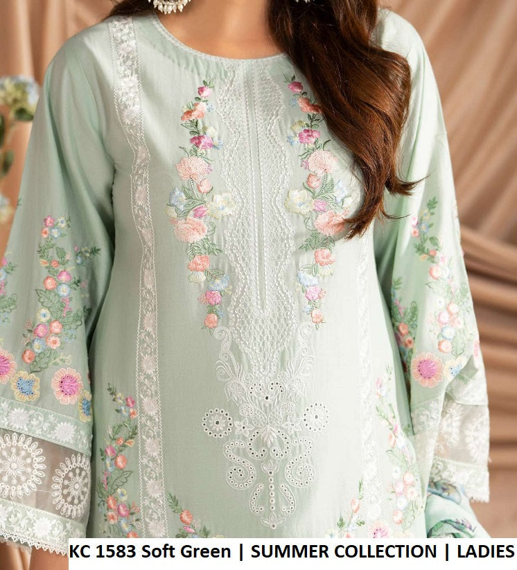 KC Ayra 1583 Soft Green - Soft Green Cotton Embroidered 3-Piece Women's Pakistani Suit