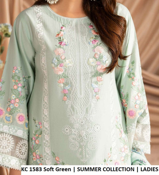 KC Ayra 1583 Soft Green - Soft Green Cotton Embroidered 3-Piece Women's Pakistani Suit