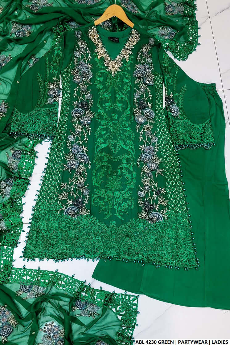 Pakistani women's green organza A-Line shirt back view