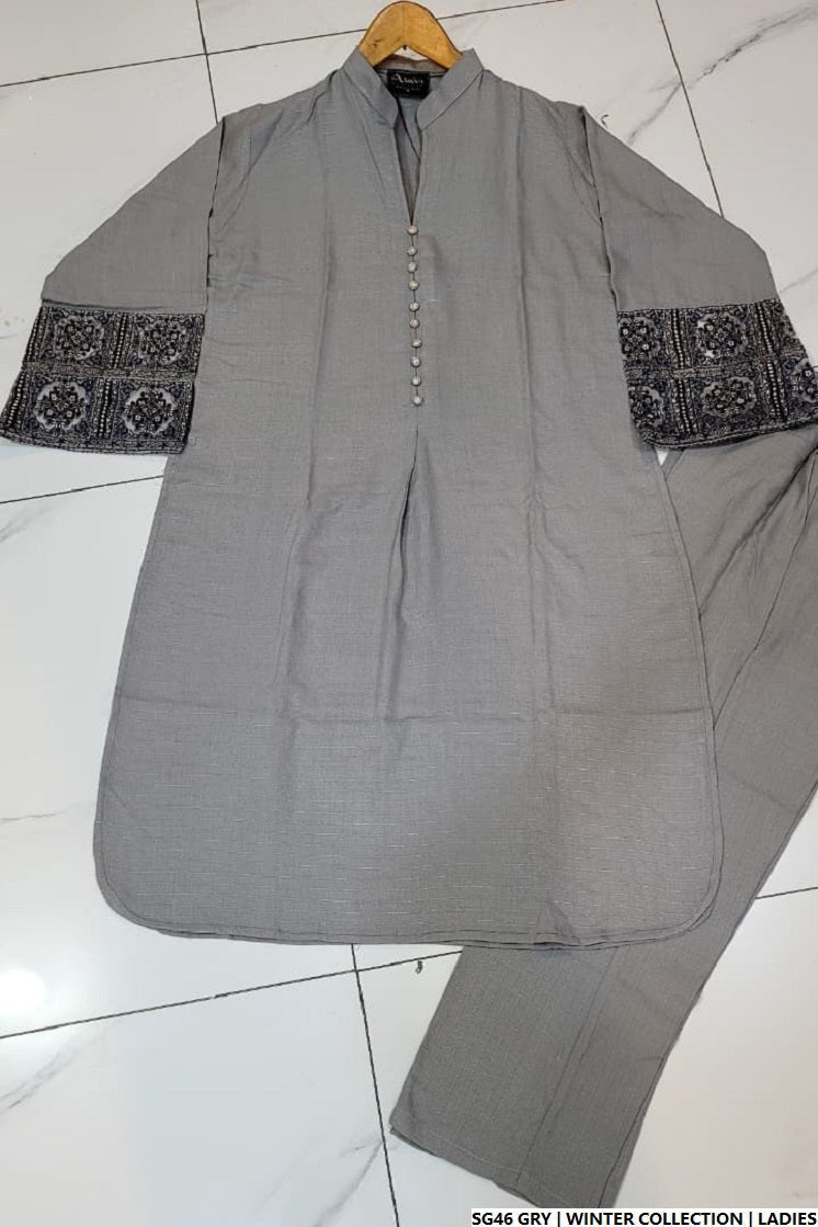Pakistani women's grey lawn A-Line casual outfit back view