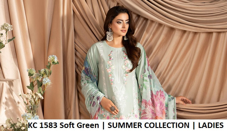 KC Ayra 1583 Soft Green - Soft Green Cotton Embroidered 3-Piece Women's Pakistani Suit