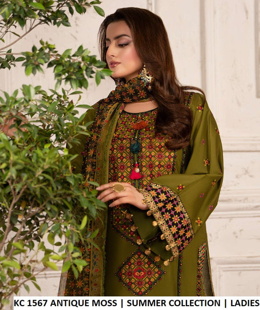 KC TABEER 1567 ANTIQUE MOSS cotton sindhi embroidery Pakistani women's shirt side view