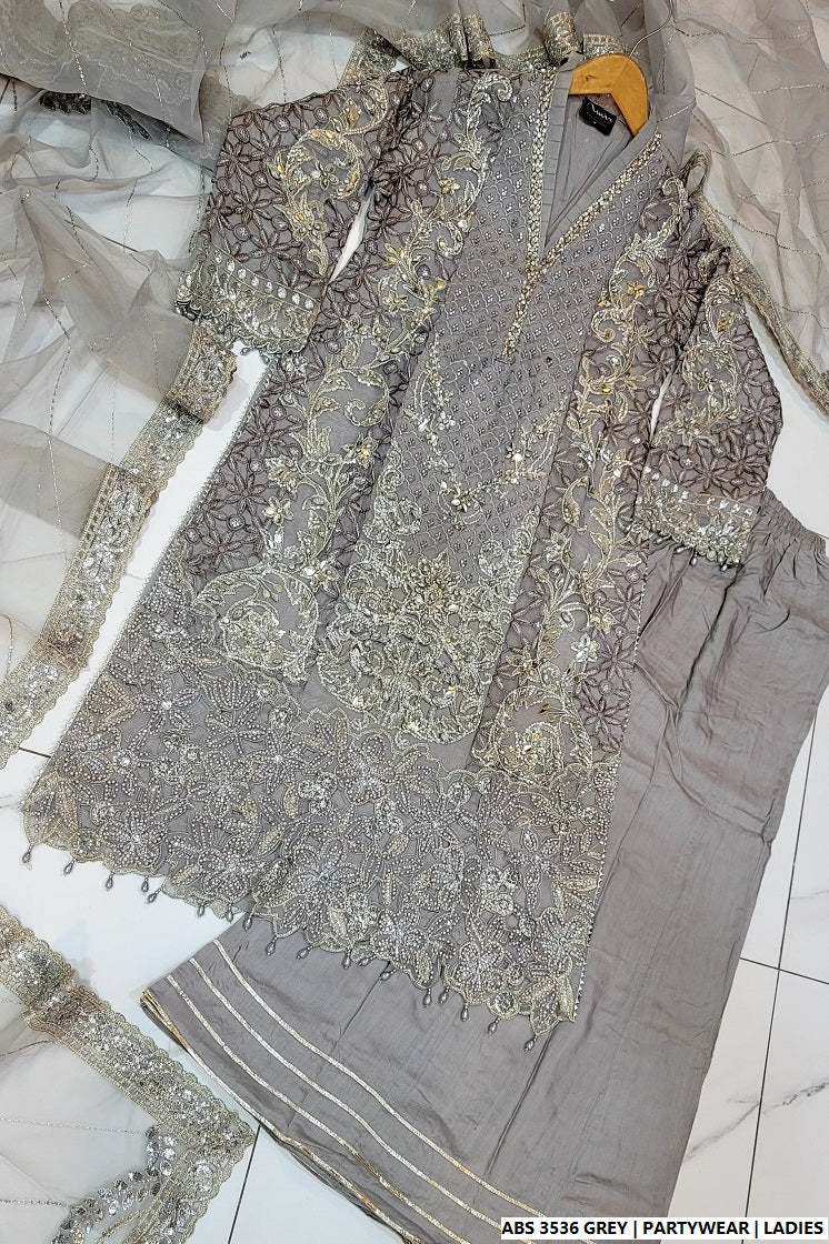 Pakistani women's grey organza straight shirt back view