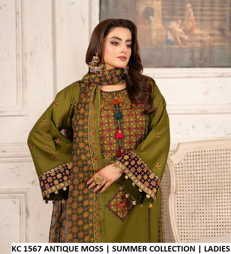 KC TABEER 1567 ANTIQUE MOSS Pakistani women's cotton sindhi embroidery outfit back view