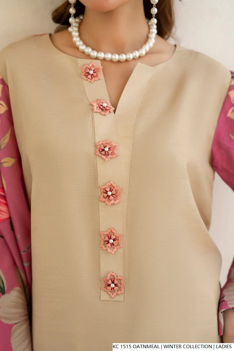 Oatmeal silk Pakistani women's 2-piece formal suit side view