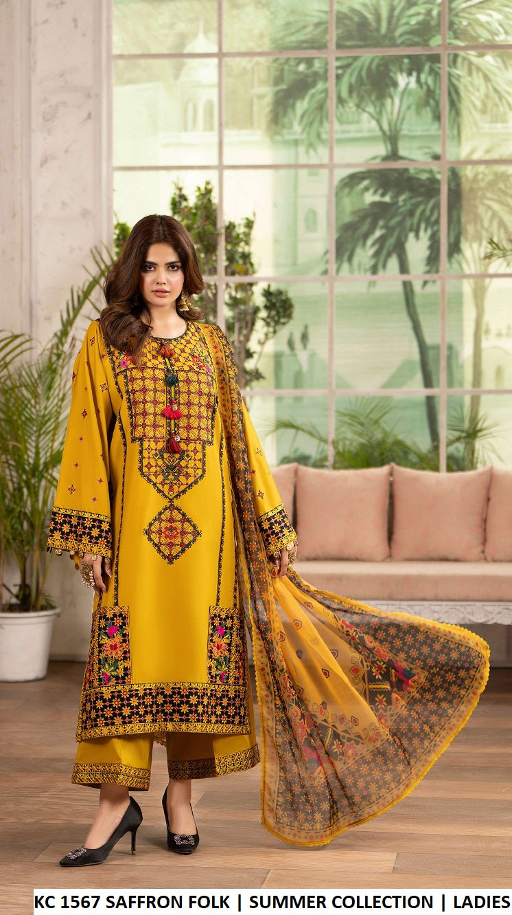 Cotton sindhi embroidery medium shirt KC TABEER 1567 SAFFRON FOLK - Pakistani women's casual outfit with crinkle chiffon dupatta front view