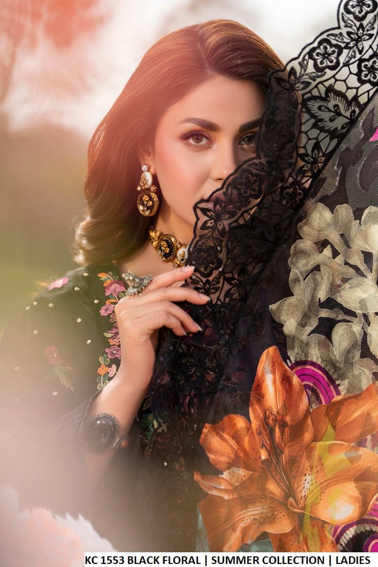Black floral cotton Pakistani women's straight shirt with plazo side view