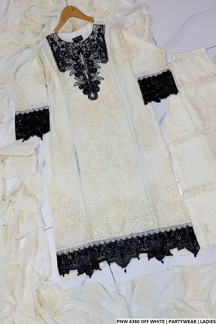 Pakistani women's off white chiffon straight shirt plazo full view