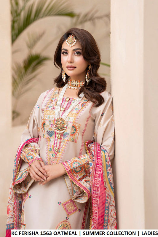 Oatmeal cotton Pakistani women's short shirt with farshi shalwar side view