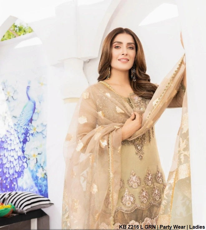 KB Z216 pure resham Pakistani women's embroidered formal outfit side view